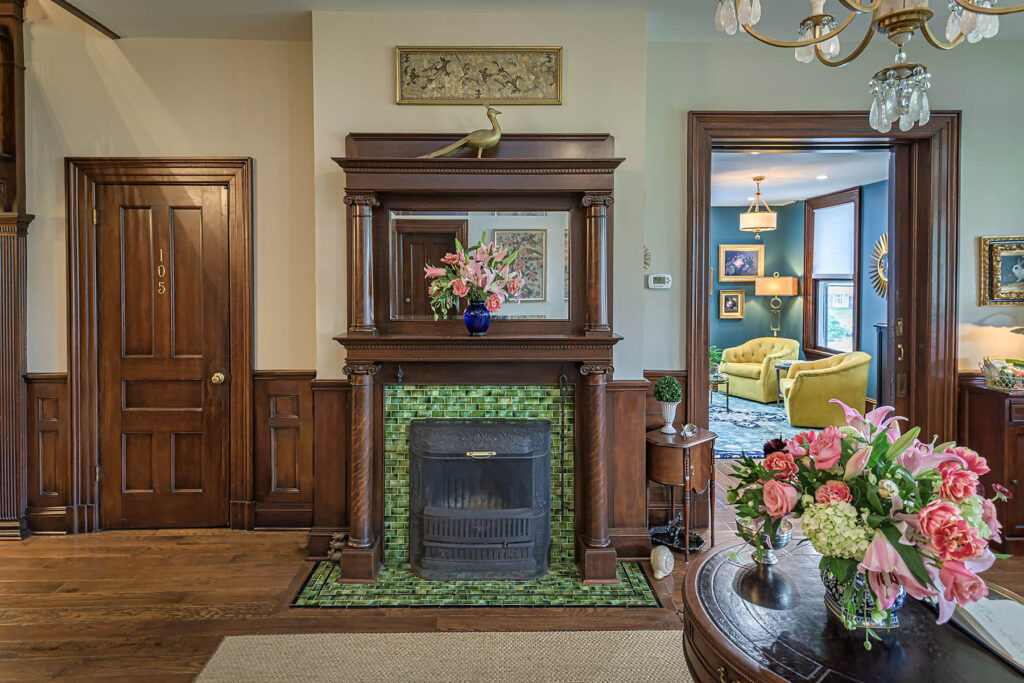 Stone fireplace in common area