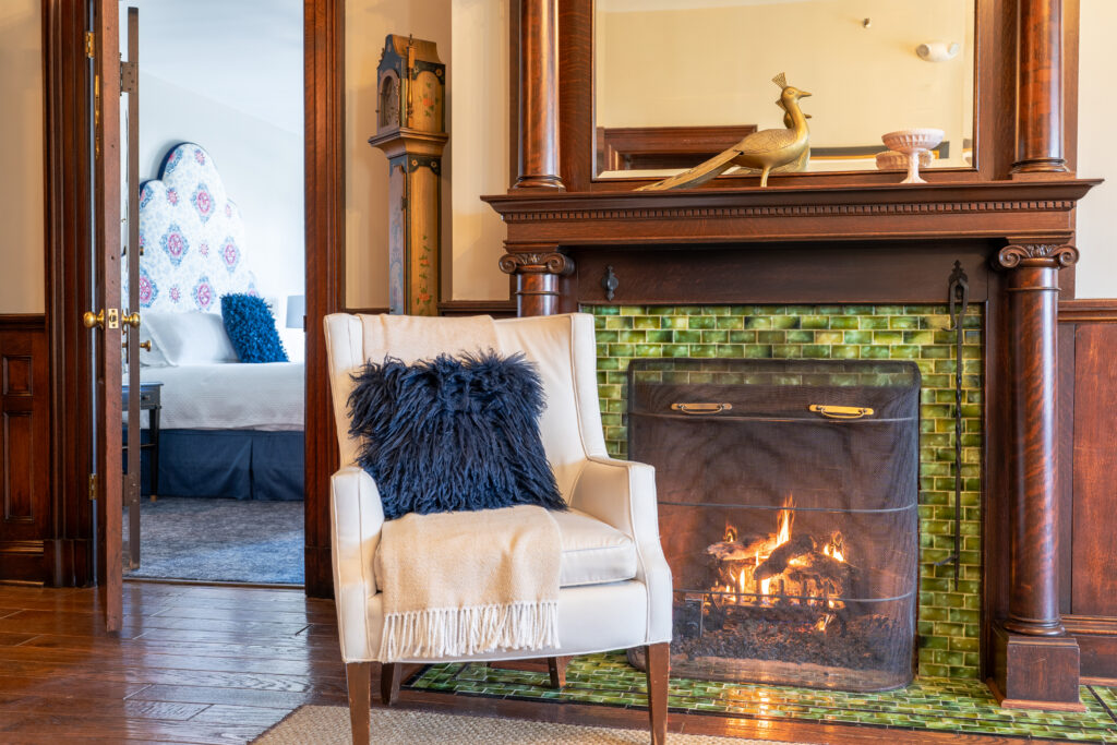 Lobby fireplace with elegant mantel